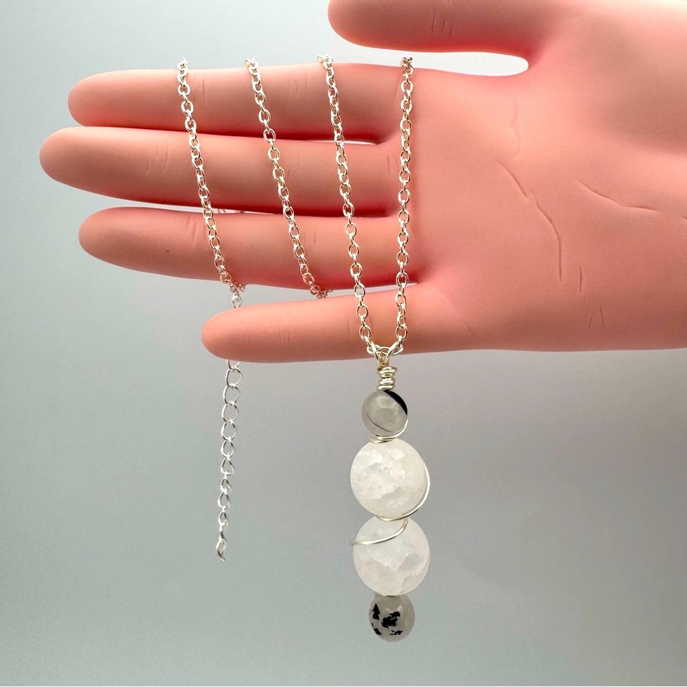 New Quartz & Tourmaline Wire Wrapped Necklace on a Silver Tone Chain